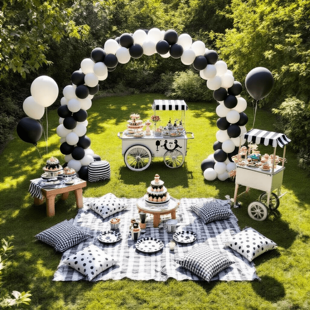 Black and White Balloons: The Ultimate Guide to Stunning Event Decor A whimsical children's party in a sun-drenched garden featuring a black and white balloon arch, picnic blankets with playful dishes, a vintage ice cream cart, and a face painting station, all captured from an overhead perspective.