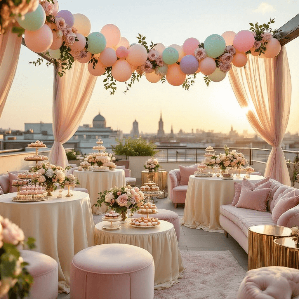 Pastel Balloons: The Ultimate Guide to Soft, Elegant Event Decor A beautifully decorated rooftop terrace for a chic baby shower, featuring pastel balloon garlands, cream silk tables with floral centerpieces, a dessert cart with pastel treats, and cozy lounge areas, all set against a glowing city skyline at golden hour.