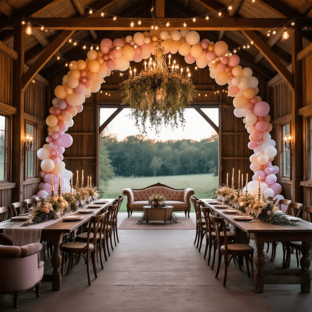 Pastel Balloons: The Ultimate Guide to Soft, Elegant Event Decor An enchanting woodland-inspired wedding ceremony held in a rustic barn at twilight, featuring a grand pastel and metallic balloon arch at the entrance, twinkling fairy lights, long farmhouse tables with gauzy runners and antique candelabras, mismatched vintage chairs, a floral chandelier from wooden beams, and a cozy lounge area with a velvet chaise and pastel balloon centerpiece.