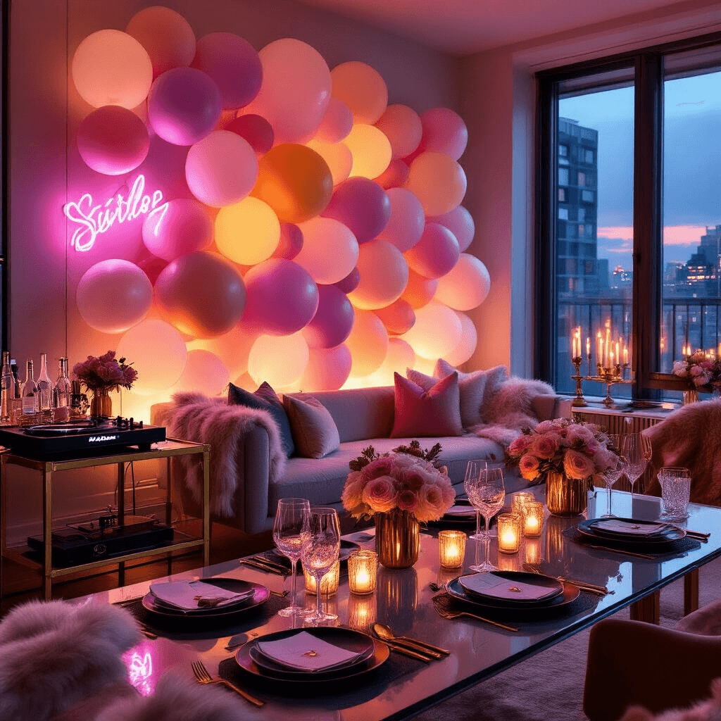 Pastel Balloons: The Ultimate Guide to Soft, Elegant Event Decor An elegant city apartment soirée with candlelight and neon signs, featuring a pastel ombré balloon installation, mid-century modern furniture, a glass dining table set with matte black plates and gold flatware, a stylish bar cart, and cozy decor elements like throw pillows and faux fur blankets.