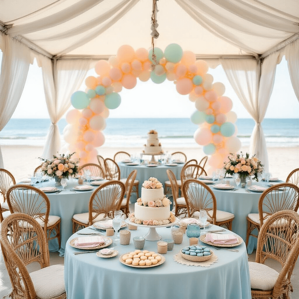 Pastel Balloons: The Ultimate Guide to Soft, Elegant Event Decor A dreamy beachfront bridal shower with a billowing white tent, round tables in pale blue, pastel flower centerpieces, a soft coastal balloon arch, personalized driftwood signs, a dessert table featuring a tiered naked cake with fresh flowers, pastel macarons on mother-of-pearl platters, rattan peacock chairs, and plush floor pillows, all enhanced by gauzy curtains and starfish details.