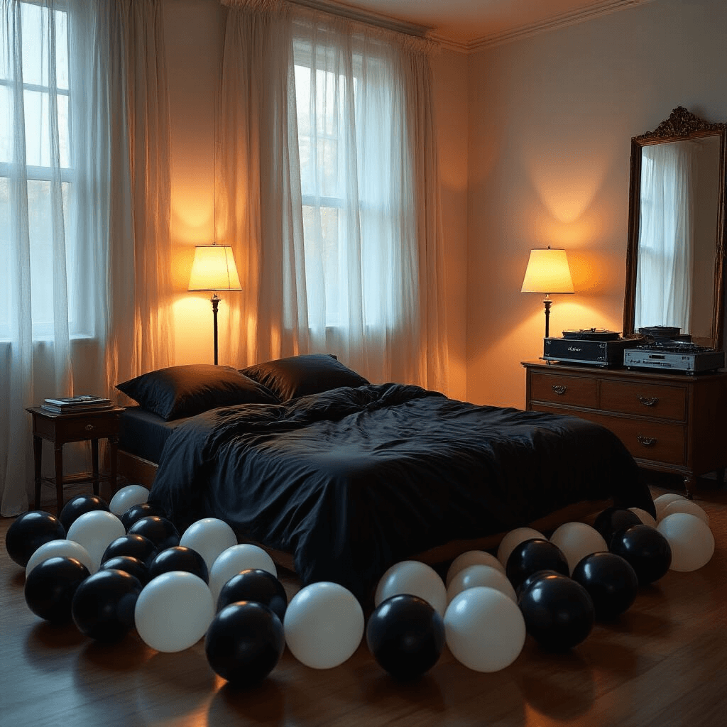 House of Balloons: A Comprehensive Guide to Dark, Moody Event Styling Inspired by The Weeknd A dimly lit bedroom featuring a king-sized bed with rumpled black silk sheets, surrounded by black and white balloons. Warm light from a bedside lamp creates a cozy atmosphere, while a vintage record player on a dresser displays The Weeknd's vinyl. Floor-length mirrors reflect the balloons, enhancing the surreal ambiance. Sheer curtains filter the sunset light, casting elongated shadows across the room, evoking a blend of seduction and unease.