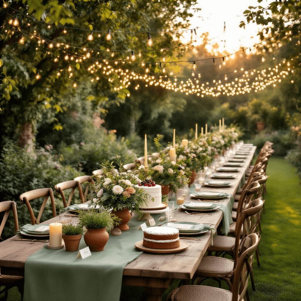 Party Balloons: The Ultimate Guide to Elevating Your Celebration Decor An enchanting garden party set during golden hour, featuring long farmhouse tables with sage green runners and terracotta accents, adorned with lush floral arrangements, potted herbs, and pillar candles under a canopy of fairy lights. Mismatched vintage chairs and personalized place cards on fresh lavender sprigs add charm, alongside a rustic dessert display with a naked cake topped with fresh figs and greenery, all captured from a low angle to highlight the warmth and natural textures.