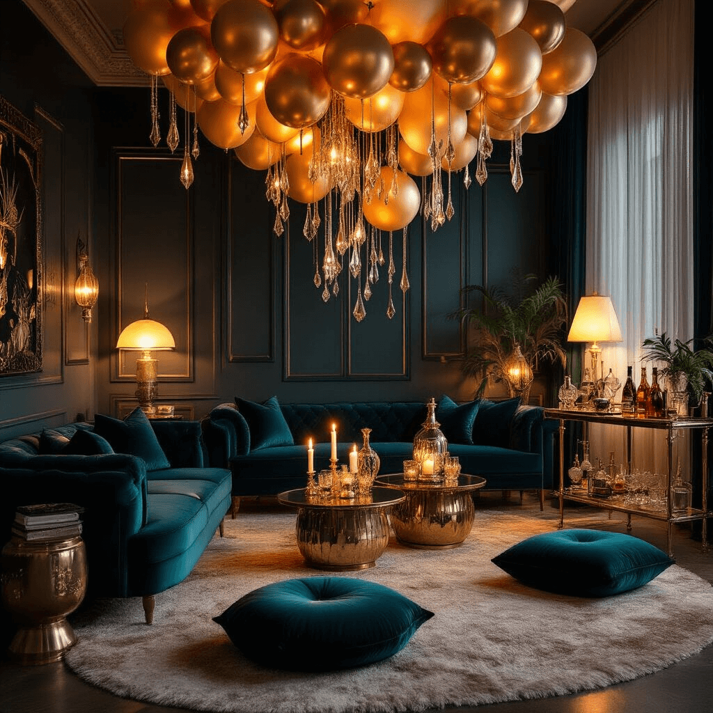 Party Balloons: The Ultimate Guide to Elevating Your Celebration Decor A luxurious living room transformed for an intimate cocktail soirée, featuring rich velvet furnishings in deep jewel tones, flickering candlelight, low tables with metallic accents, a cascading balloon installation in gold and ivory, plush floor cushions, a stylish bar cart, and moody lighting from Art Deco lamps, all creating a warm and opulent atmosphere.