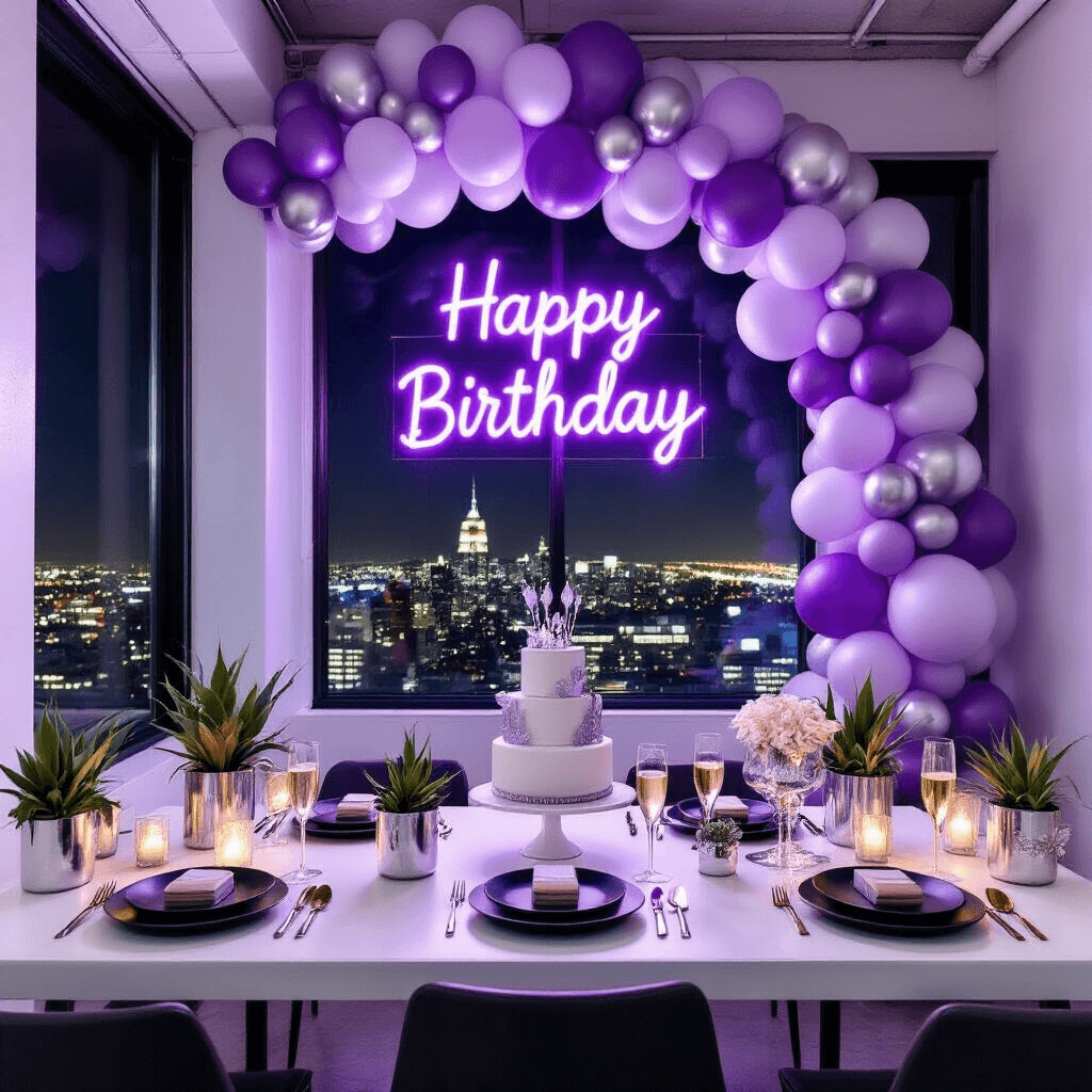 Party Balloons: The Ultimate Guide to Elevating Your Celebration Decor A chic birthday celebration in a modern loft features an ombré balloon arch, geometric centerpieces with air plants, a neon 'Happy Birthday' sign, a monochrome cake, and a stunning cityscape view through floor-to-ceiling windows, all captured from an elevated angle.