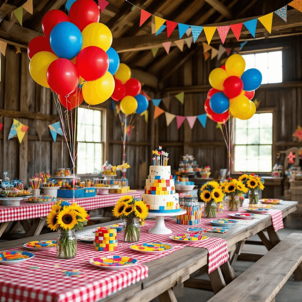 Party Balloons: The Ultimate Guide to Elevating Your Celebration Decor A vibrant and colorful barn interior decorated for a child's birthday party, featuring helium balloons, picnic tables with gingham cloths, whimsical centerpieces, a dessert station with a fondant cake, and playful DIY decorations.
