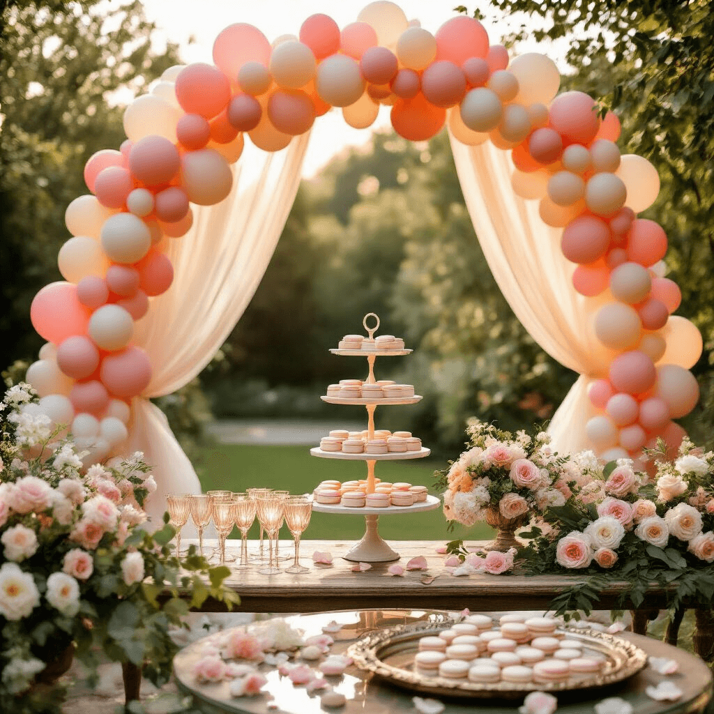 DIY Party Balloon Decor: Create Stunning Balloon Garlands and Arches at Home A sunlit garden party scene featuring a stunning ombré balloon garland arch in blush pink, coral, and cream, with a rustic wooden table holding a tiered cake stand of pastel macarons. Vintage champagne coupes on a mirrored tray reflect the warm light, surrounded by lush greenery and scattered rose petals.