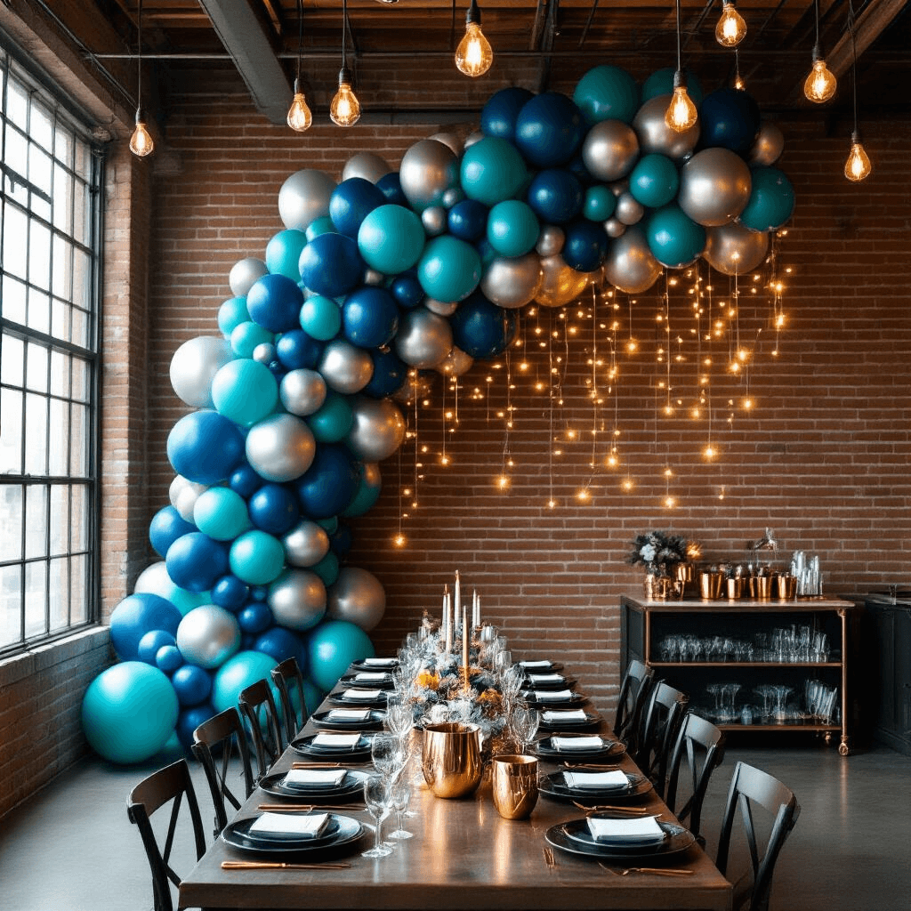 DIY Party Balloon Decor: Create Stunning Balloon Garlands and Arches at Home An indoor birthday celebration in a modern loft features a stunning floor-to-ceiling balloon installation in deep blue, teal, and silver, adorned with fairy lights. A long banquet table is set with matte black plates, gold cutlery, and crystal stemware, while warm Edison bulbs illuminate the space, and a stylish bar cart with copper mugs and a geometric ice bucket stands in the corner.