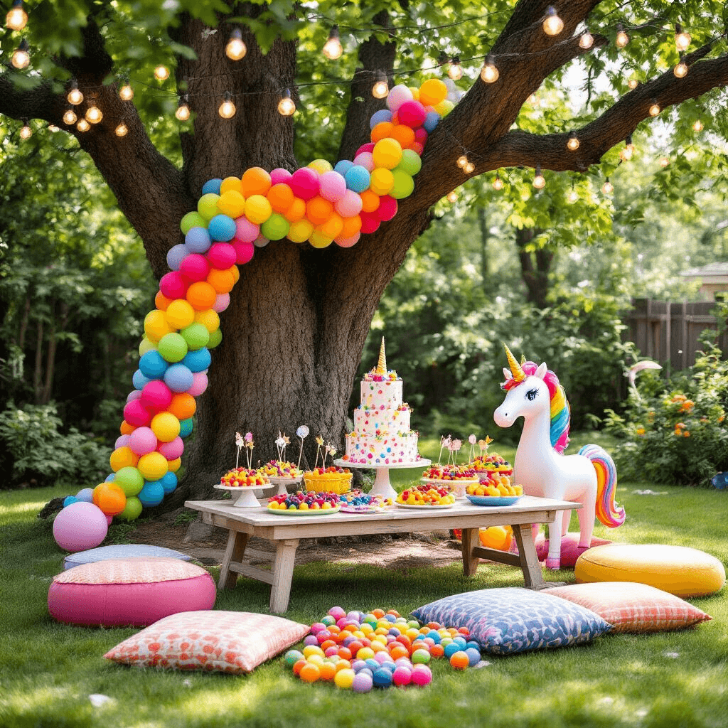 DIY Party Balloon Decor: Create Stunning Balloon Garlands and Arches at Home A whimsical children's party in a sunlit backyard, featuring a colorful balloon garland around a treehouse, a table with rainbow fruit skewers and a unicorn cake, playful yard games, a bubble machine, and string lights overhead.