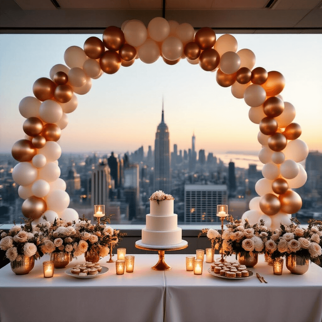 DIY Party Balloon Decor: Create Stunning Balloon Garlands and Arches at Home An elegant rooftop wedding reception at twilight featuring a crescent-shaped balloon installation in champagne, ivory, and rose gold, framing a stunning city skyline with sunset reflections, white linen-draped tables with tall floral centerpieces and candles, plus a dessert table with a naked cake and petit fours, illuminated by soft uplighting.