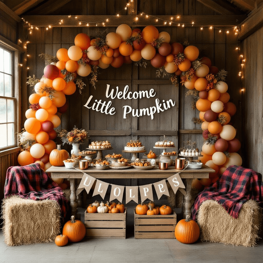DIY Party Balloon Decor: Create Stunning Balloon Garlands and Arches at Home A cozy autumn-themed baby shower in a rustic barn, featuring a balloon arch in muted oranges and reds, a vintage farmhouse table with seasonal treats, wooden crates with mini pumpkins, plaid blankets on hay bale seating, a burlap banner saying 'Welcome Little Pumpkin', twinkling fairy lights, and a hot chocolate station with copper mugs.