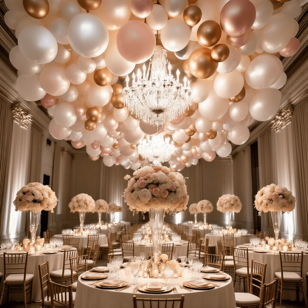 Hanging Balloons: The Ultimate Guide to Stunning Event Decor A luxurious ballroom featuring a cascading installation of pearlescent white, blush pink, and champagne gold balloons, illuminated by soft uplighting, with round tables dressed in ivory silk linens and tall floral centerpieces, all under a sunset backdrop shining through expansive windows.