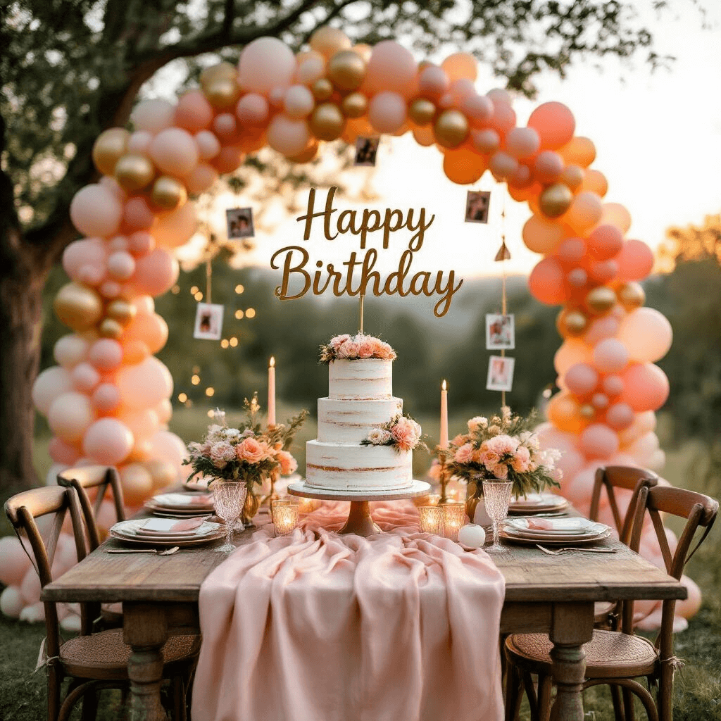 Elevate Your Birthday Celebration with Epic Happy Birthday Balloons A whimsical outdoor birthday celebration featuring a rustic wooden table with a blush pink silk tablecloth, surrounded by mismatched vintage chairs. An organic balloon arch in peach, coral, and gold frames the scene, while a three-tier naked cake adorned with fresh flowers and a gold 'Happy Birthday' topper sits on the table. Scattered crystal candle holders emit a warm glow, and fairy lights twinkle in the background. A DIY Polaroid photo display hangs from a nearby tree, showcasing cherished memories.