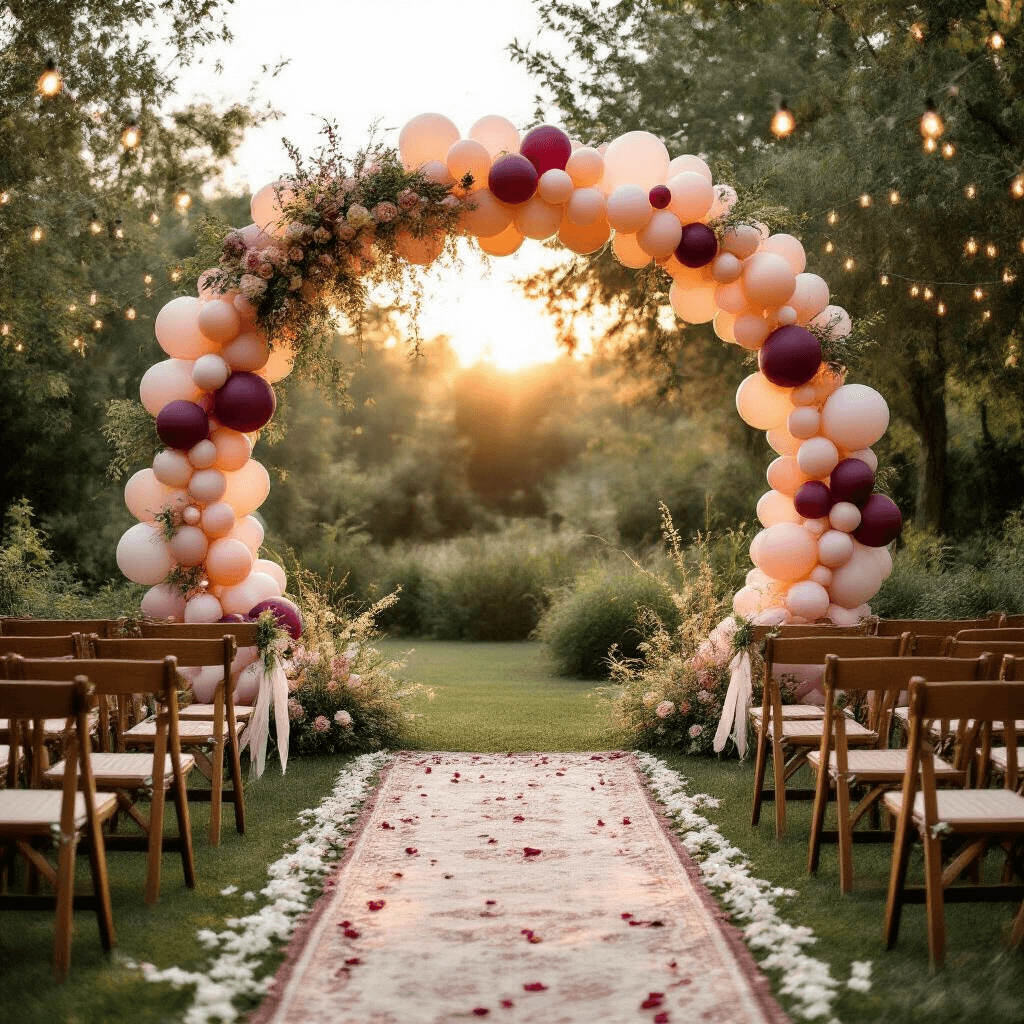 Hanging Balloons: The Ultimate Guide to Stunning Event Decor An intimate garden wedding ceremony setup at golden hour, featuring a whimsical balloon arch in ombré blush to deep burgundy with metallic rose gold accents, rustic wooden chairs, baby's breath aisle markers, and a vintage carpet runner strewn with rose petals, all framed by overhanging tree branches and twinkling fairy lights.