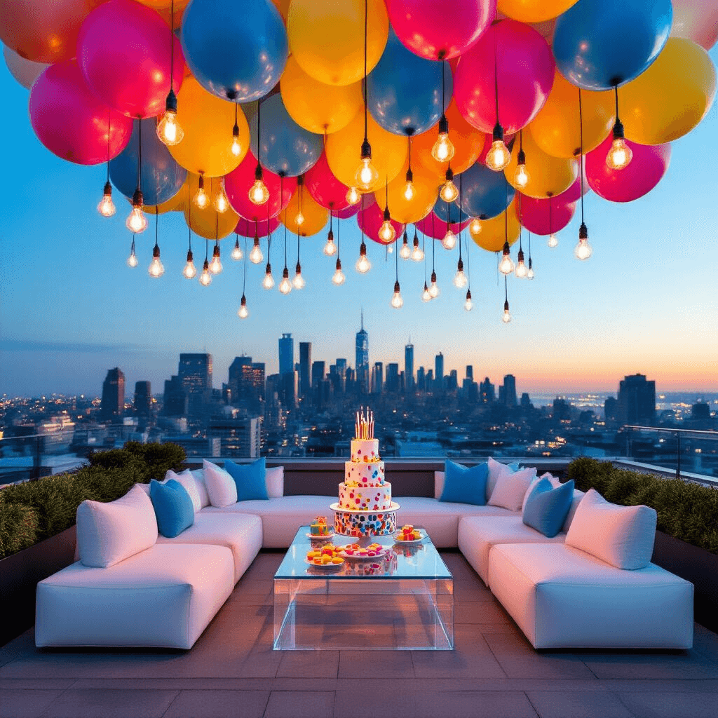Hanging Balloons: The Ultimate Guide to Stunning Event Decor A stylish rooftop birthday celebration at blue hour features a colorful balloon installation overhead with oversized confetti-filled clear balloons and smaller balloons in electric blue, hot pink, and sunshine yellow. Edison bulbs crisscross beneath the balloons, illuminating modern white lounge furniture around a central acrylic table adorned with a geometric birthday cake and colorful macarons, set against a dusky skyline and twinkling city lights.