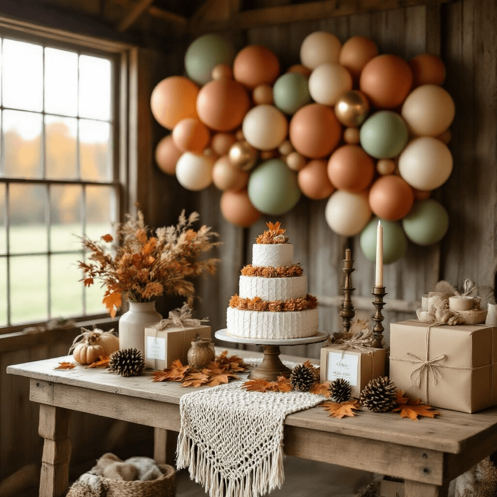 Hanging Balloons: The Ultimate Guide to Stunning Event Decor A cozy autumnal baby shower scene in a rustic barn, featuring an organic balloon garland wall in muted earth tones, a macramé runner draping a wooden farm table adorned with vintage brass candlesticks, pinecones, autumn leaves, and a tiered diaper cake, all bathed in warm natural light.