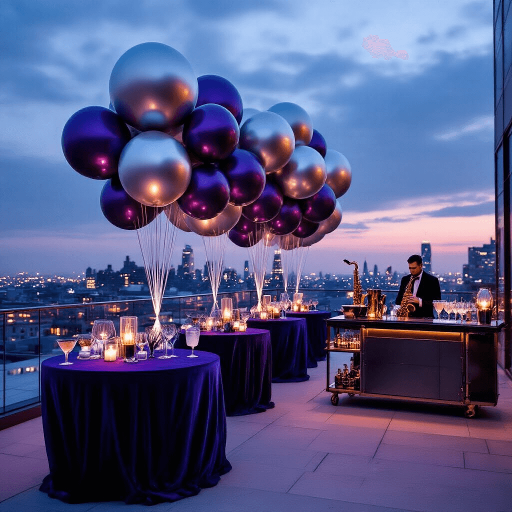 Elevate Your Birthday Celebration with Epic Happy Birthday Balloons An elegant rooftop cocktail party at twilight featuring oversized metallic balloon orbs, midnight blue velvet tables, modern geometric centerpieces, a stylish bar cart with artisanal cocktails, a saxophonist playing jazz, and twinkling city lights in the background.