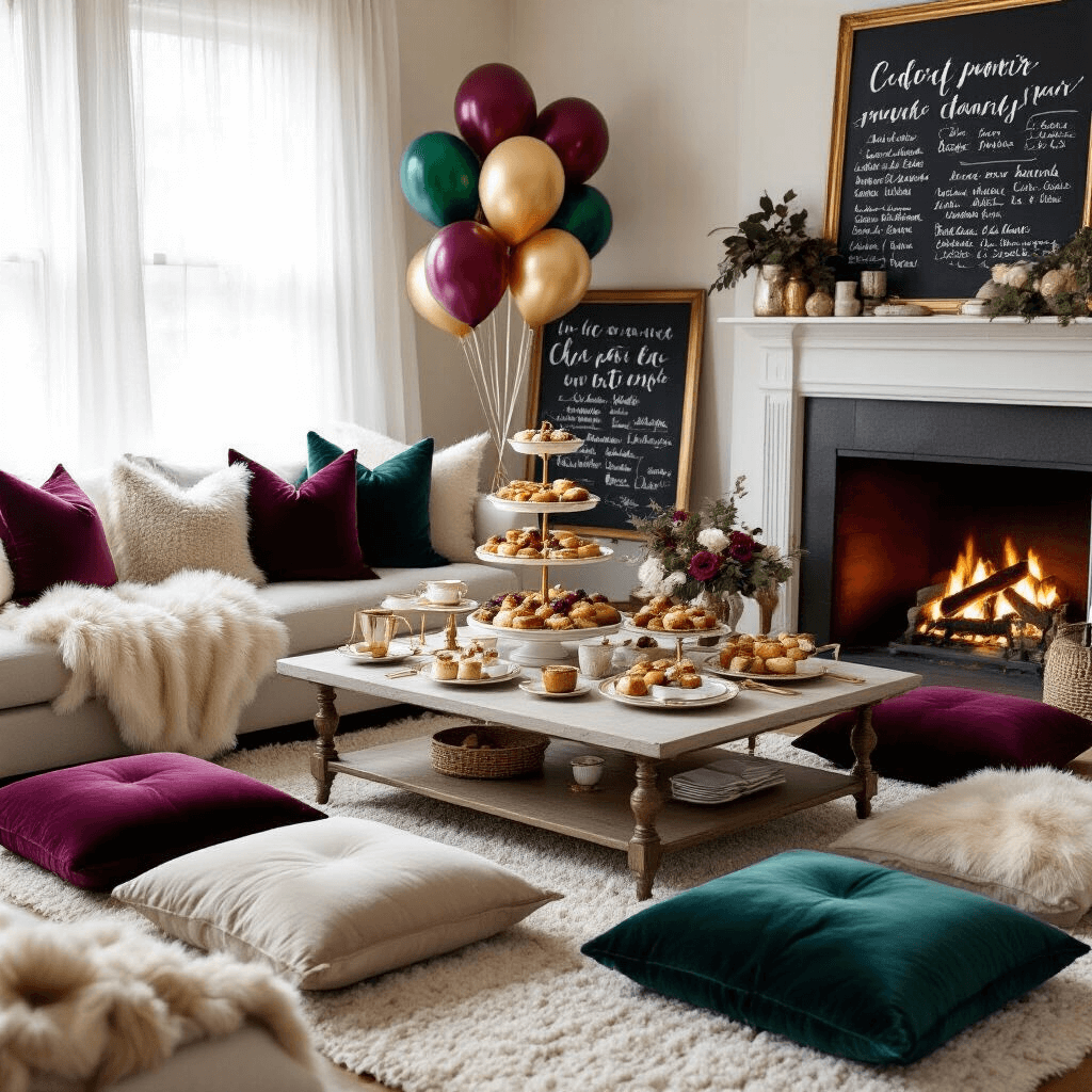 Elevate Your Birthday Celebration with Epic Happy Birthday Balloons A cozy living room set up for an intimate winter birthday brunch, featuring a low coffee table with delicate china and gold flatware, a tiered stand of pastries and fresh fruit, plush floor cushions in jewel tones, a crackling fireplace, balloon bouquets in burgundy, emerald, and navy, and cozy faux fur throws and knit blankets. A hand-lettered chalkboard menu rests against a vintage console table.