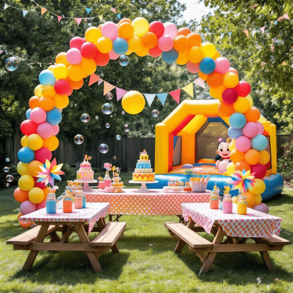 Elevate Your Birthday Celebration with Epic Happy Birthday Balloons A vibrant backyard birthday party for children featuring a colorful balloon arch, a dessert table with a cartoon character cake, a bounce house, picnic tables with polka dot tablecloths and candy-filled mason jars, a DIY photo booth with a sequin backdrop, and a bubble machine.