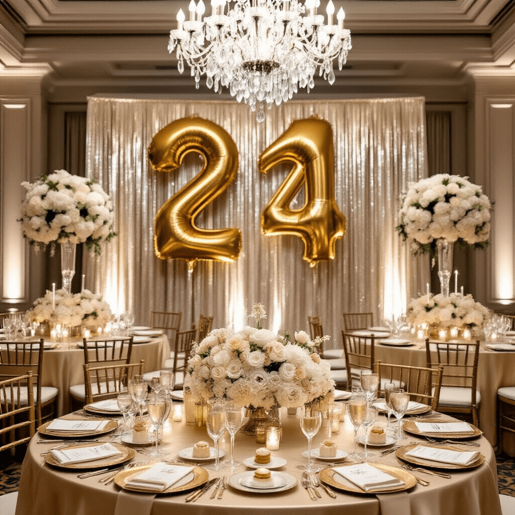 Elevate Your Birthday Celebration with Epic Happy Birthday Balloons A grand ballroom set for a milestone birthday celebration, featuring champagne-colored silk tablecloths, floral centerpieces in white and gold, a backdrop of metallic fringe and oversized number balloons, vintage champagne coupes in a pyramid, and elegant place settings with gold-rimmed chargers and edible gold leaf petit fours.