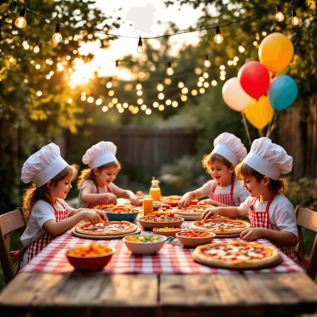 Pizza Party Paradise: The Ultimate Guide to Throwing an Unforgettable Birthday Bash A lively backyard pizza party at golden hour, featuring children in chef hats making pizzas at a rustic wooden table with a checkered tablecloth, adorned with various toppings and warm fairy lights above. Pizza-shaped balloons float in the background, enhancing the festive atmosphere.