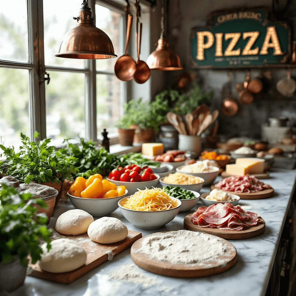 Pizza Party Paradise: The Ultimate Guide to Throwing an Unforgettable Birthday Bash An overhead shot of a cozy DIY pizza station with fresh ingredients in ceramic bowls on a marble countertop, including colorful vegetables, cheeses, and meats, alongside pre-made dough balls on wooden boards, all illuminated by soft natural light.