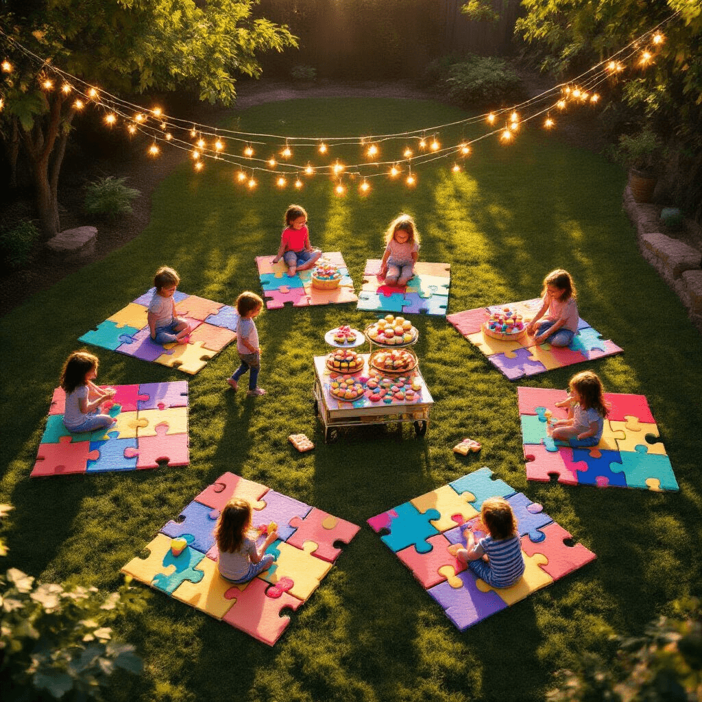 Puzzle Birthday Party: A Creative Celebration of Fun and Problem-Solving Overhead view of a vibrant outdoor puzzle party at golden hour, with colorful puzzle-shaped picnic blankets hosting various puzzle stations, warm fairy lights overhead, and a dessert cart filled with puzzle piece treats, as children play and laugh in the glowing light.