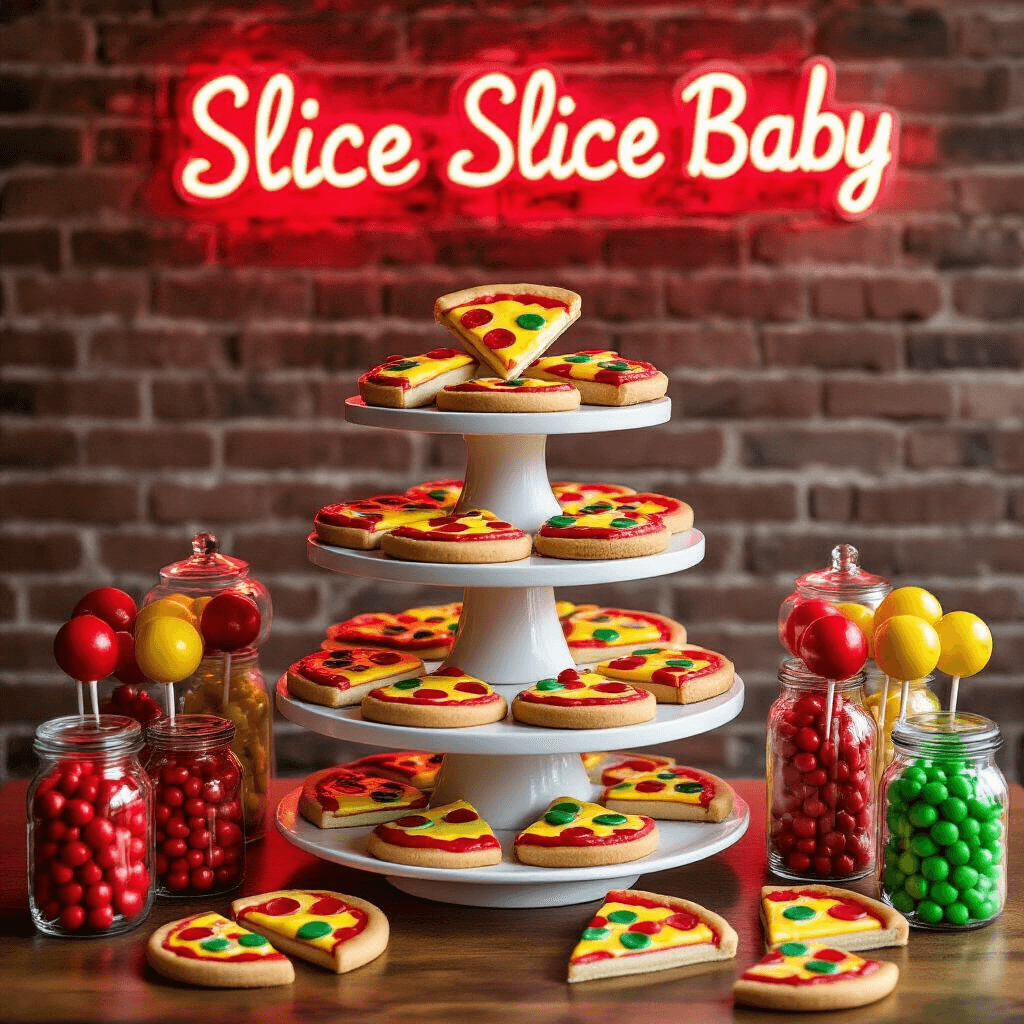 Pizza Party Paradise: The Ultimate Guide to Throwing an Unforgettable Birthday Bash A whimsical pizza-themed dessert table with a tiered stand of mini cookie pizzas, pizza slice cake pops, red and green candy jars, and a neon 'Slice Slice Baby' sign, all set against a brick wall backdrop, captured from a low angle.