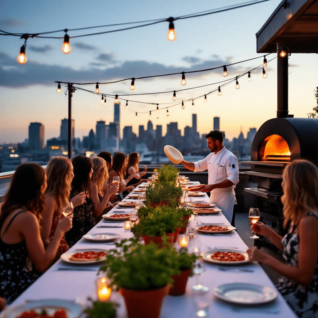 Pizza Party Paradise: The Ultimate Guide to Throwing an Unforgettable Birthday Bash An elegant rooftop pizza party at dusk, featuring long tables with white linens, herb and tomato centerpieces, warm Edison bulbs, a mobile wood-fired pizza oven, and guests in cocktail attire enjoying the city skyline.