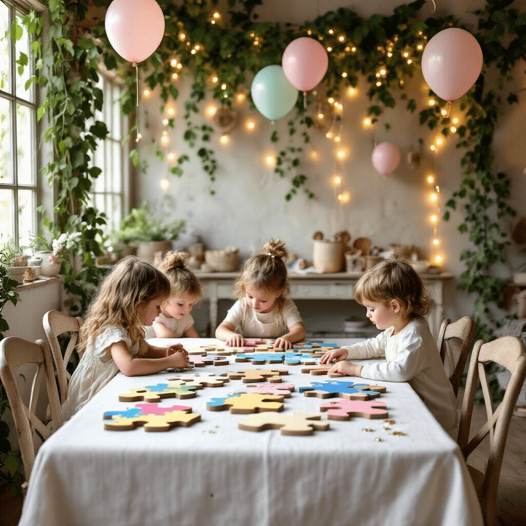 Puzzle Birthday Party: A Creative Celebration of Fun and Problem-Solving A whimsical decorating station with children at a farmhouse table draped in white, crafting oversized puzzle pieces surrounded by vibrant paints, glitter, and twinkling fairy lights in a dreamy, cozy setting.