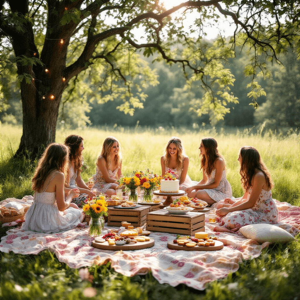 Picnic Birthday Party: The Ultimate Guide to Creating Magical Outdoor Celebrations A sunlit meadow filled with colorful picnic blankets and low tables decorated with wildflowers, hosting a joyful birthday party with guests in casual attire and a rustic naked cake, framed by trees adorned with fairy lights.