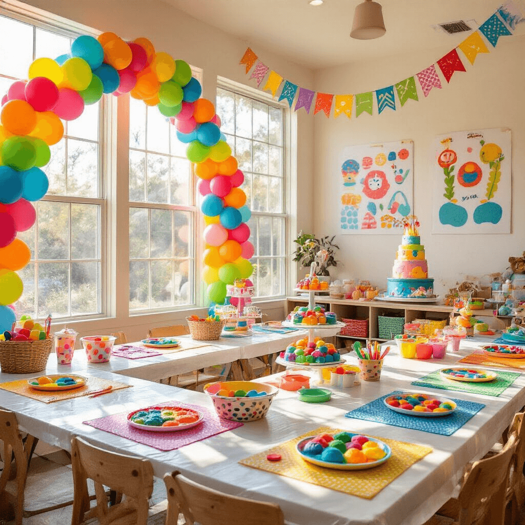 Playdough Birthday Party: The Ultimate Creative Celebration for Kids A vibrant indoor playroom decorated for a playdough birthday party, featuring balloon arches, colorful tables with playdough stations, inspirational wall prints, and a tiered playdough-themed birthday cake with cupcakes.