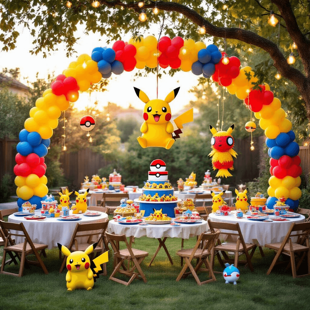 Epic Pokémon Birthday Party: Your Ultimate Guide to Creating a Legendary Celebration A whimsical Pokémon-themed birthday party in a sunlit backyard, featuring a vibrant balloon arch, Pokéball tablecloths on round tables, a DIY Pikachu piñata, hidden Pokémon figurines for a treasure hunt, and a dessert table with a tiered Pokémon cake, all illuminated by fairy lights.