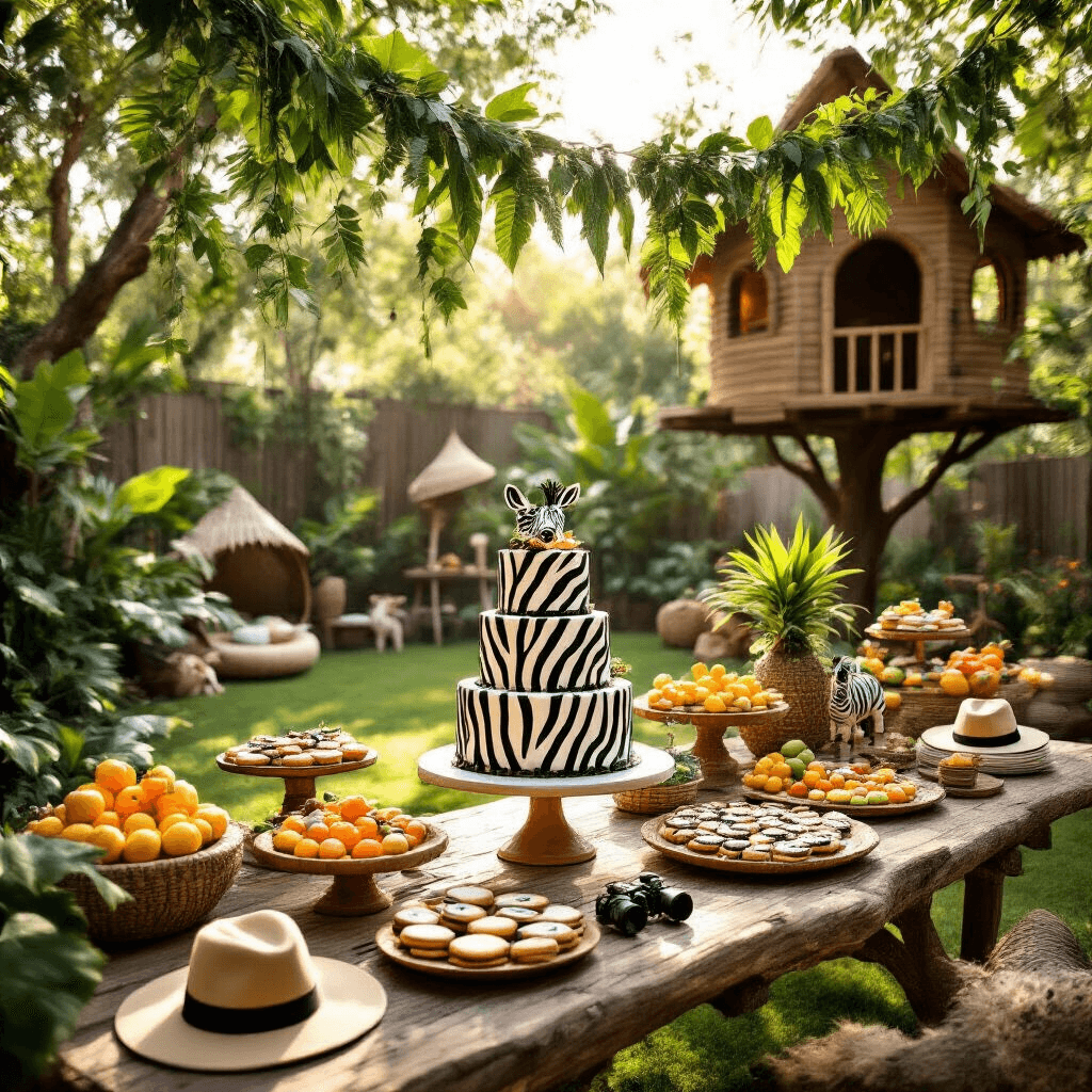 Safari Birthday Party: The Ultimate Guide to a Wild Celebration A vibrant backyard transformed into a safari-themed wonderland featuring a zebra-striped cake on a grand dessert table, surrounded by animal-shaped cookies and tropical fruits, with vine garlands overhead and a treehouse-style play area nearby, all illuminated by golden hour light filtering through leaf-shaped cutouts.