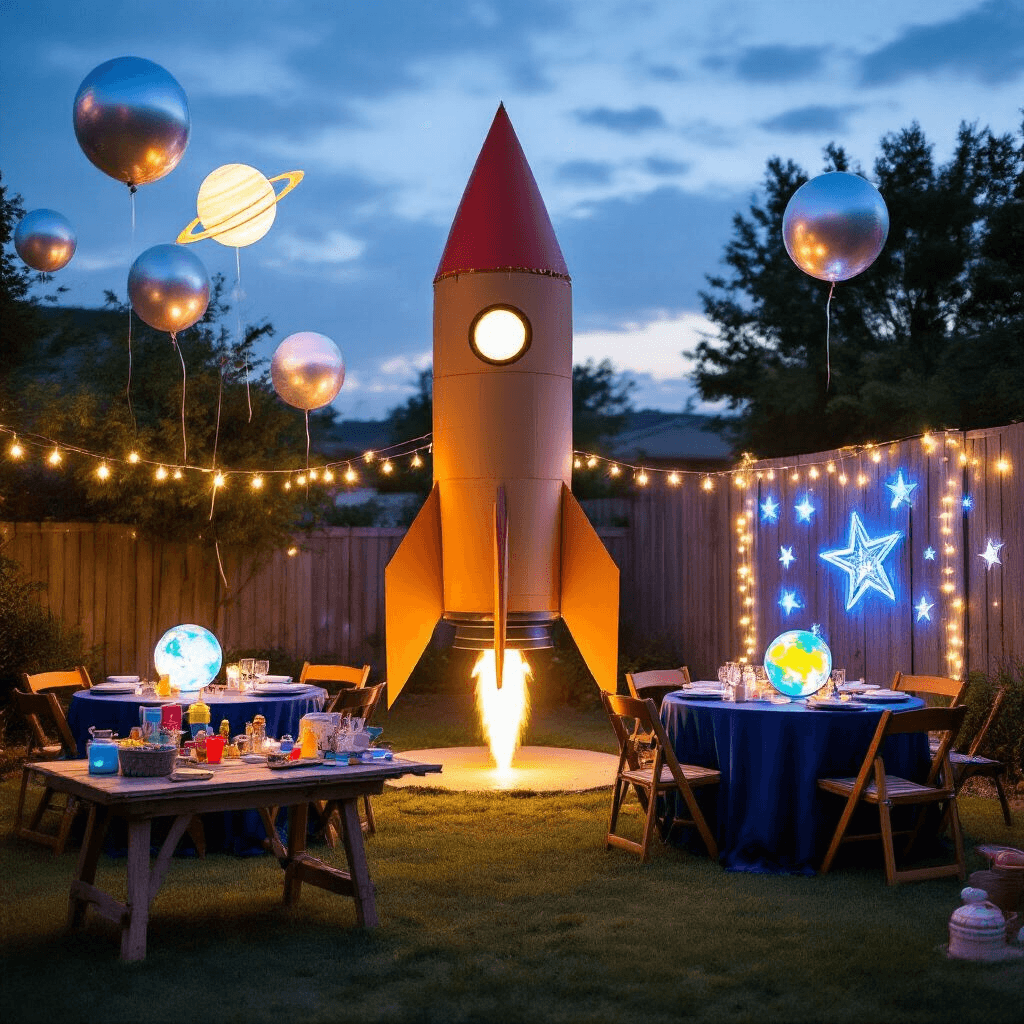 Out of This World: The Ultimate Guide to Creating a Stellar Rocket Birthday Party A magical backyard at dusk featuring a space-themed transformation with twinkling fairy lights, a cardboard rocket centerpiece, glowing planet centerpieces on midnight blue tables, floating silver mylar balloons, a colorful DIY rocket building station, and glow-in-the-dark star decals on the fence.