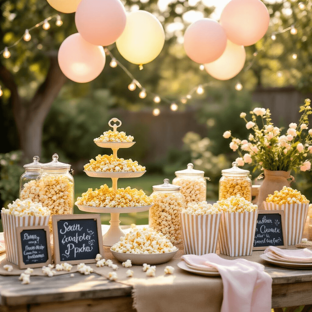 Popcorn Birthday Party: The Ultimate Celebration Guide for Snack-Loving Hosts A whimsical popcorn bar centerpiece in a sun-drenched backyard features a rustic wooden table with tiered cake stands and glass jars filled with flavored popcorn, surrounded by striped paper bags. Soft pastel balloons float above, fairy lights twinkle among popcorn garlands, and the scene is illuminated by golden hour light, enhancing the textures of burlap runners and hand-lettered chalkboard signs, with blush pink and cream linens providing softness and pops of yellow reflecting the popcorn theme.