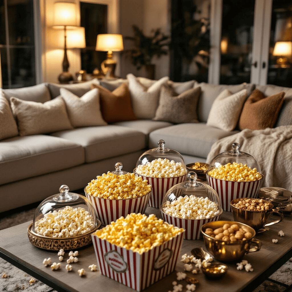 Popcorn Birthday Party: The Ultimate Celebration Guide for Snack-Loving Hosts Cozy living room with a plush sectional sofa and textured pillows, featuring an elaborate popcorn bar with glass cloches and vintage boxes, illuminated by warm lighting for a cinematic movie night atmosphere.