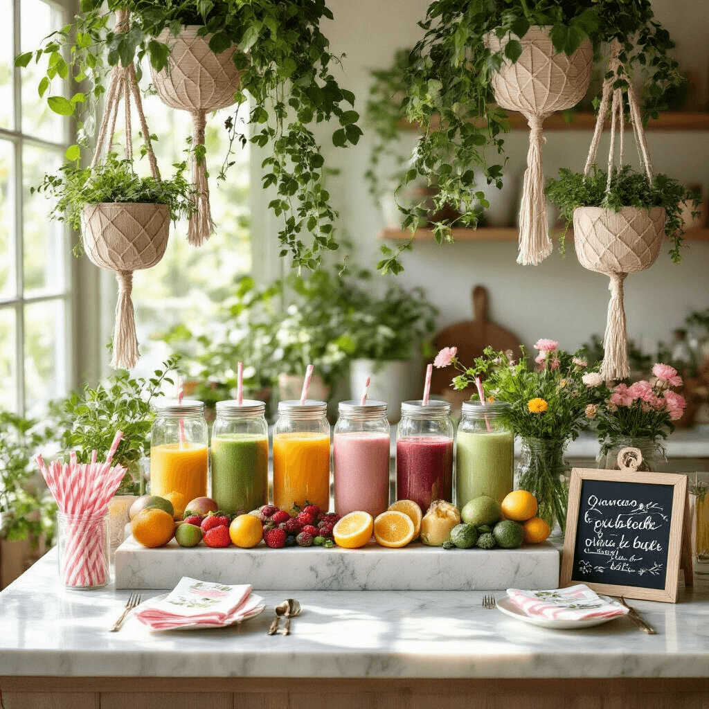 Plant-Themed Birthday Party: A Blooming Celebration of Nature and Creativity A marble kitchen island set up as a vibrant smoothie bar, featuring clear glass dispensers filled with fresh fruits, herbs, and edible flowers, surrounded by hanging macramé plant holders and accented with blush pink and sage green decorations, all bathed in soft morning light.