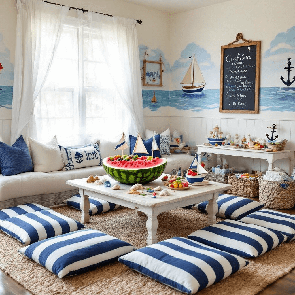 Sailboat Birthday Party: The Ultimate Nautical Celebration Guide A cozy nautical-themed living room transformed for a children's sailboat birthday party, featuring soft morning light, a low table with a watermelon boat full of fruit, plush navy and white striped floor cushions, paper sailboats, seashells, hand-painted ocean murals, chalkboard anchor signs, and a craft station with miniature wooden boats and colorful art supplies.