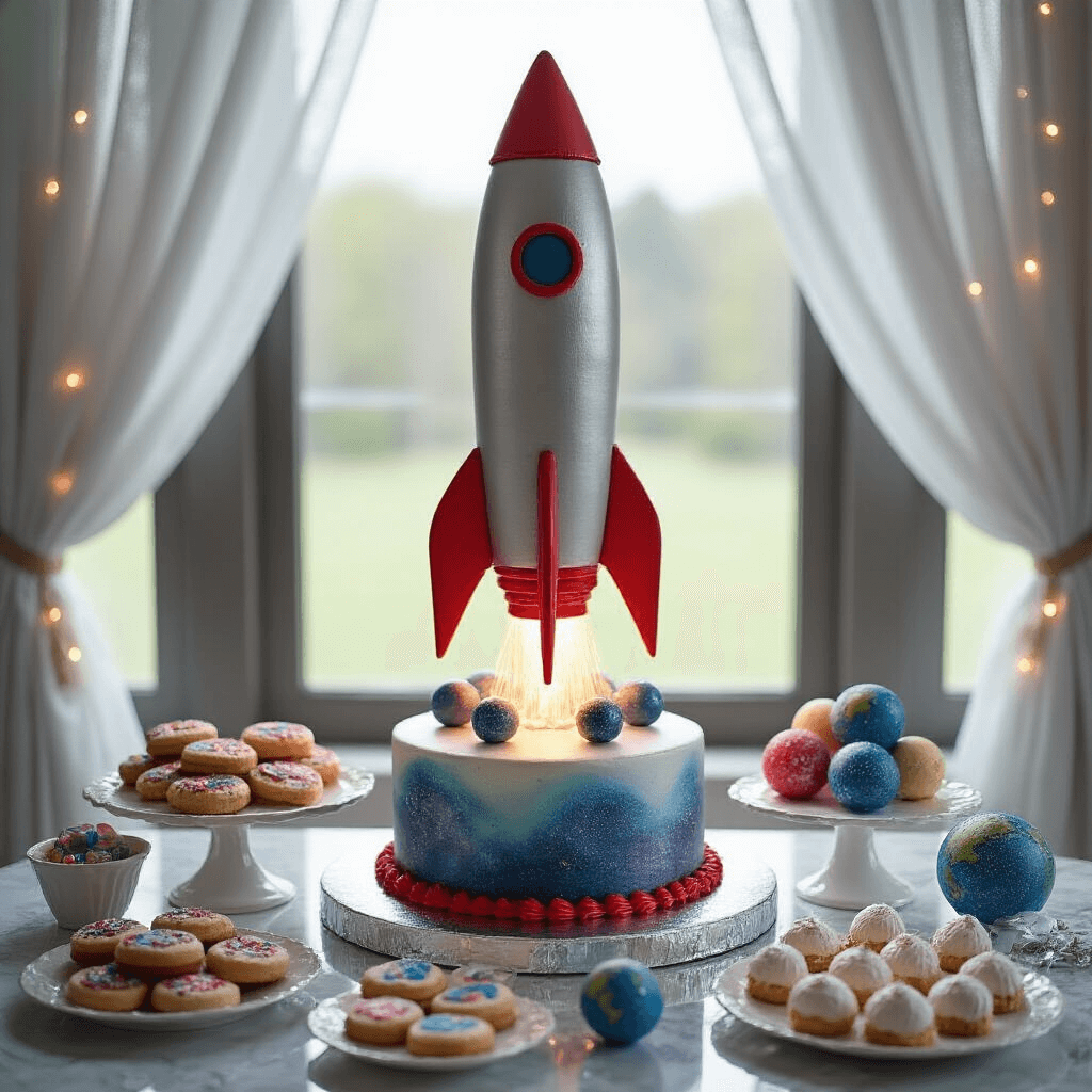 Out of This World: The Ultimate Guide to Creating a Stellar Rocket Birthday Party An overhead view of a tall, rocket-shaped birthday cake in metallic silver and bold red, displayed on a mirrored stand with galaxy-swirl cookies, asteroid rock candy, and planet-shaped cake pops nearby. Sheer silver drapery and twinkling LED lights create an inviting ambiance in natural light.