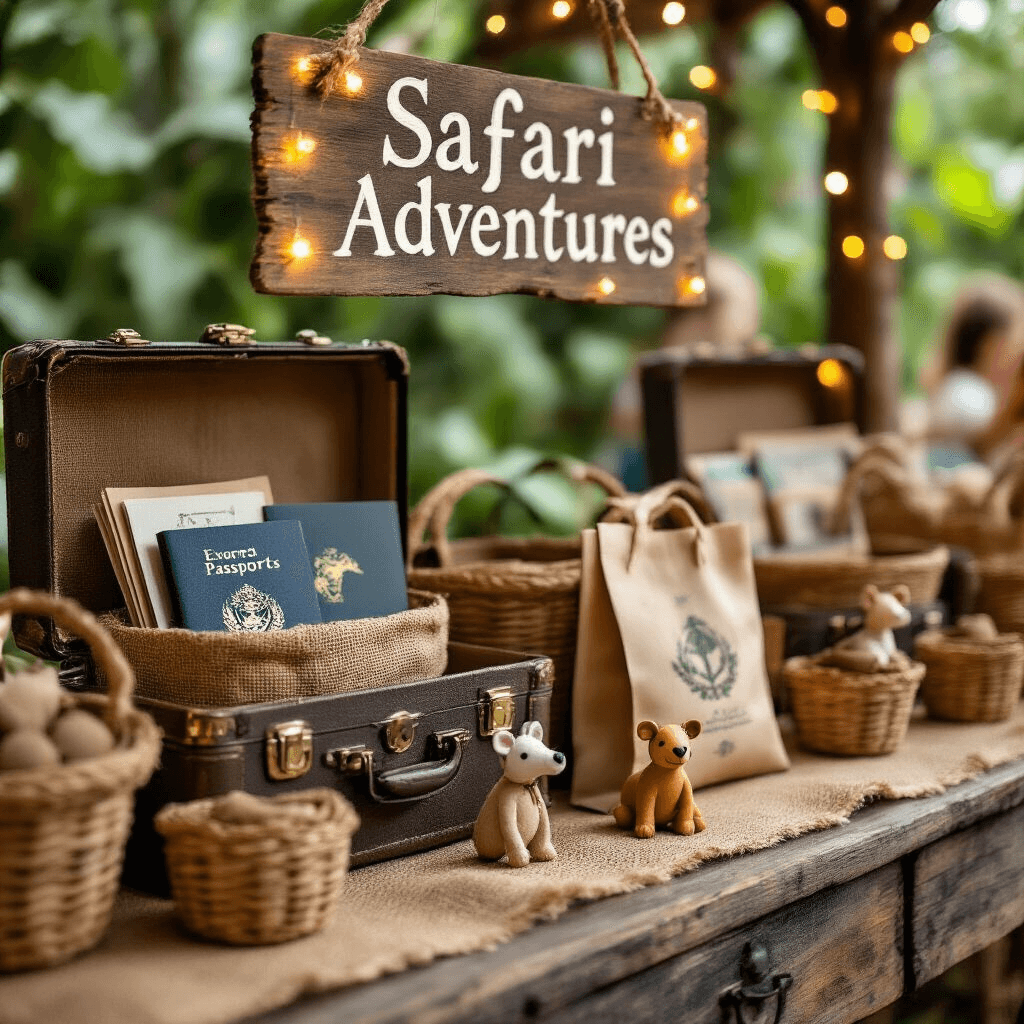 Safari Birthday Party: The Ultimate Guide to a Wild Celebration Close-up view of a safari-themed gift and favor table featuring burlap textures, woven baskets, and vintage suitcases with explorer passports. DIY animal figurines highlight personalized favor bags, with a hand-painted 'Safari Adventures' sign illuminated by fairy lights. Lush greenery and partygoers blur in the background.