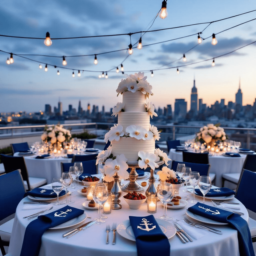 Sailboat Birthday Party: The Ultimate Nautical Celebration Guide An elegant rooftop terrace soirée featuring round tables with white linens and floral centerpieces of white orchids and blue delphiniums in silver anchor-shaped vases, navy napkins folded like sails, personalized compass favors, warm Edison bulb lighting, and a dessert table with a naked cake and nautical-themed treats, against a twinkling city skyline at dusk.