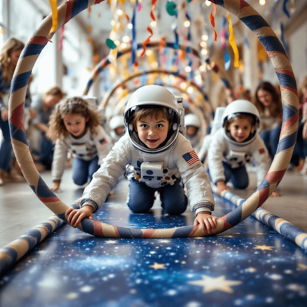 Out of This World: The Ultimate Guide to Creating a Stellar Rocket Birthday Party Children excitedly navigate an astronaut training obstacle course, featuring hula hoop 'wormholes' and a 'meteor shower' of hanging streamers, with cheering parents in the background and a starry galaxy design on the floor.