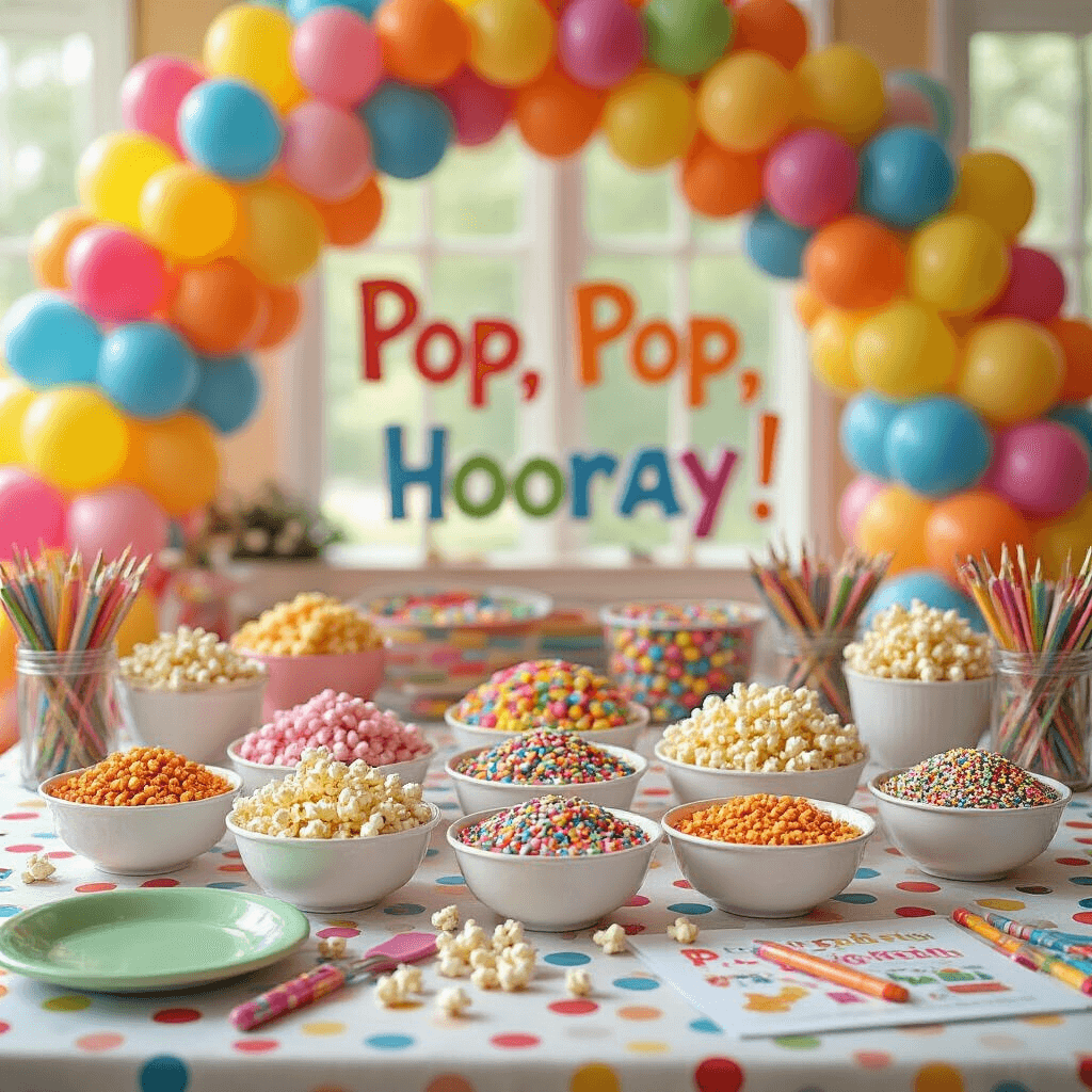 Popcorn Birthday Party: The Ultimate Celebration Guide for Snack-Loving Hosts A colorful kids' popcorn decorating station featuring a low table with white ceramic bowls of sprinkles, candies, and popcorn kernels, surrounded by vibrant melamine plates, utensils, and whimsical popcorn-shaped crayons, all under a balloon arch backdrop. Natural light enhances the festive atmosphere with a glossy 'Pop, Pop, Hooray!' sign.