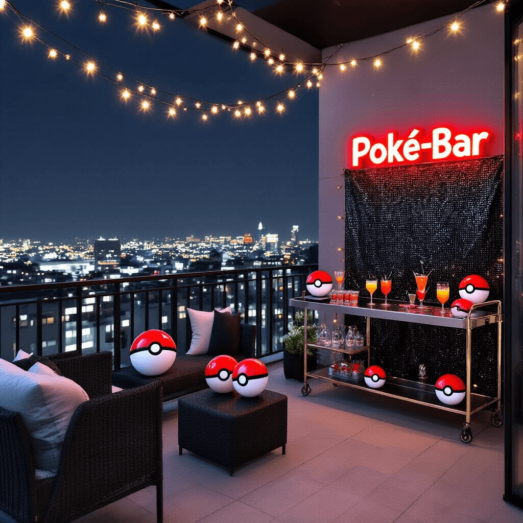 Epic Pokémon Birthday Party: Your Ultimate Guide to Creating a Legendary Celebration A modern apartment balcony decorated for a Pokémon-themed soirée, featuring fairy lights, neon signage, a Poké-bar with themed drinks, minimalist black and white furniture with red Pokéball accents, and a Pokémon Trainer photo booth with a sequined backdrop, all set against a backdrop of city lights.