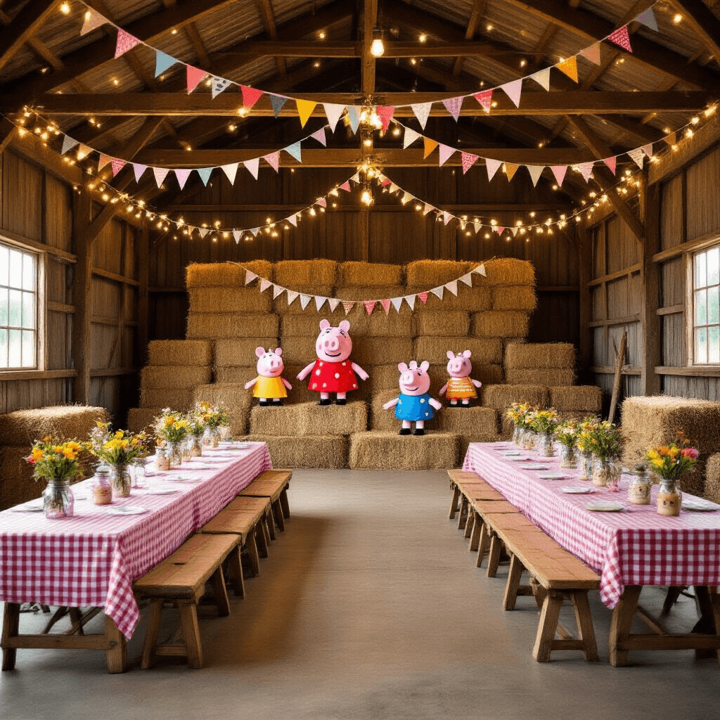 Peppa Pig Birthday Party: The Ultimate Guide to Creating a Magical Celebration A rustic barn transformed for a Peppa Pig-themed celebration, featuring fairy lights, gingham tablecloths, mason jar wildflower centerpieces, hay bales, Peppa Pig decorations, colorful bunting, and a DIY photo booth, all captured from a wide angle near the entrance.