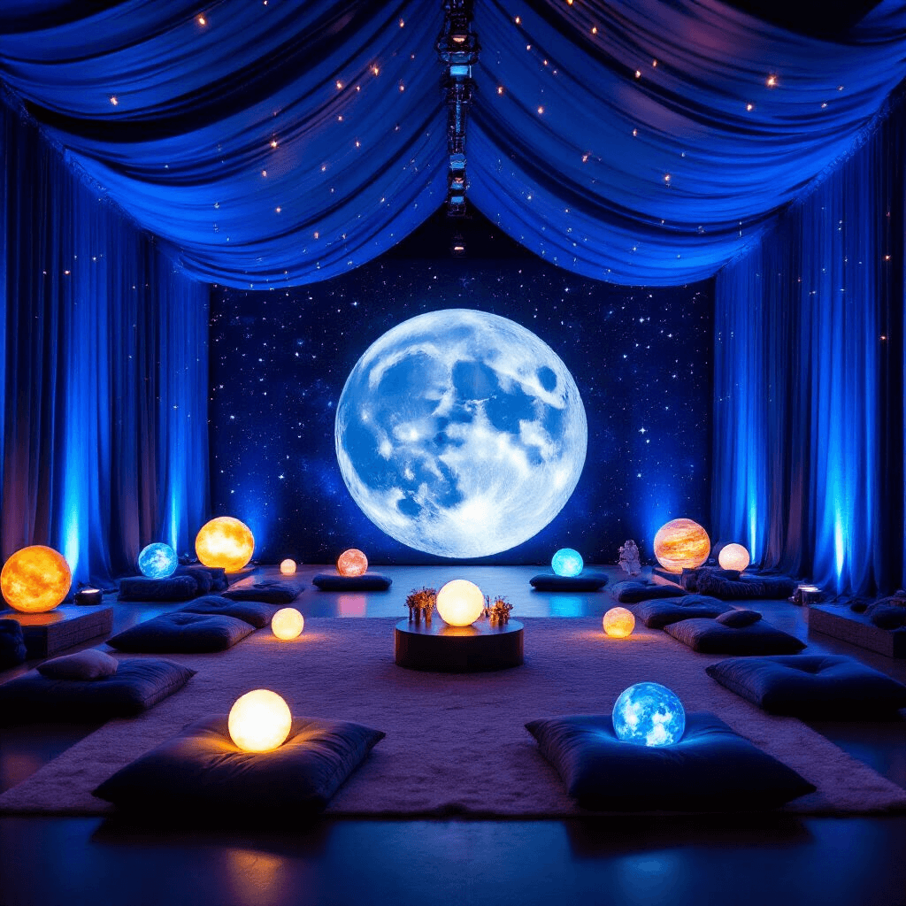 Out of This World: The Ultimate Guide to Creating a Stellar Rocket Birthday Party A vibrant indoor party space transformed into a cosmic wonderland, featuring deep blue drapes resembling the night sky with LED stars, a textured moon backdrop, low tables with plush cushions for children, and glowing planet orbs as centerpieces, creating a magical atmosphere.
