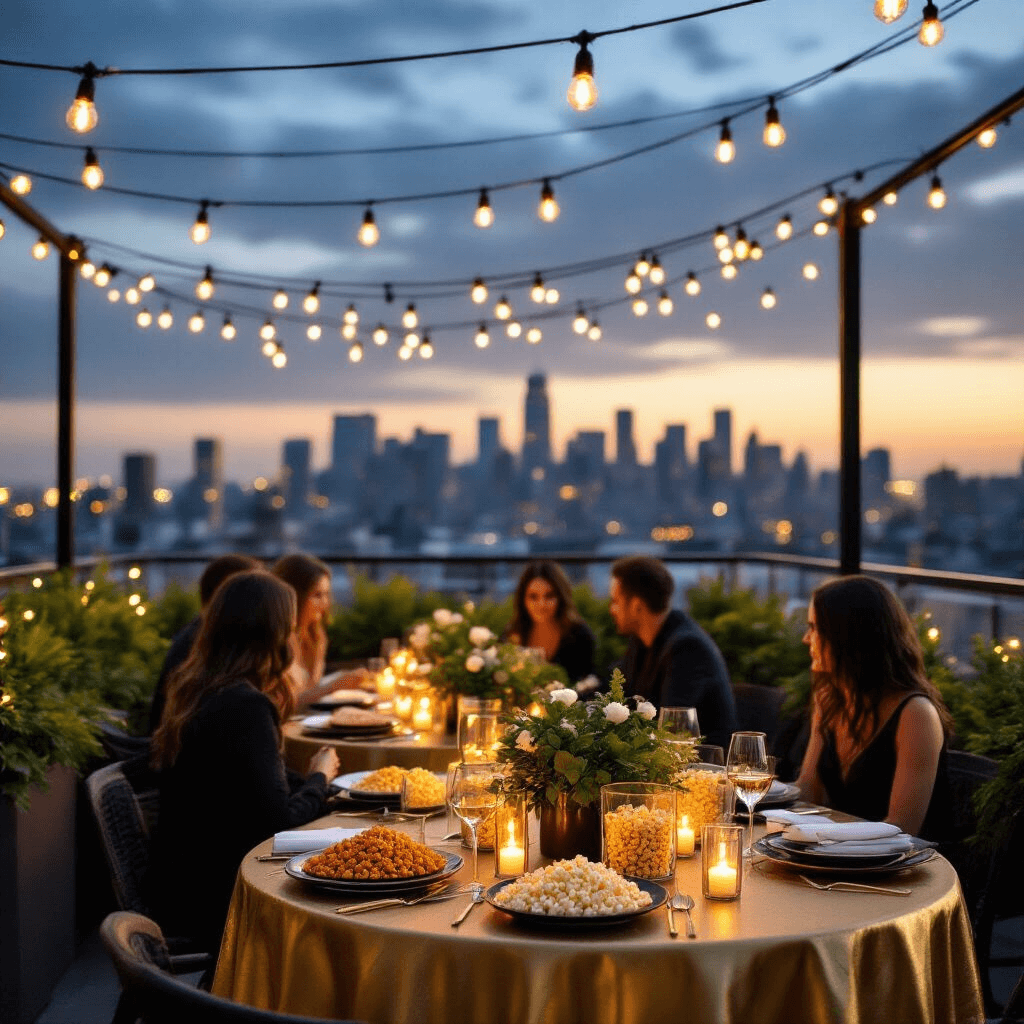 Popcorn Birthday Party: The Ultimate Celebration Guide for Snack-Loving Hosts Elegant rooftop popcorn tasting at twilight, featuring twinkling city skyline, string lights overhead, high-top tables with gold linens, gourmet popcorn flights in acrylic containers, lush greenery, and romantic candlelight.