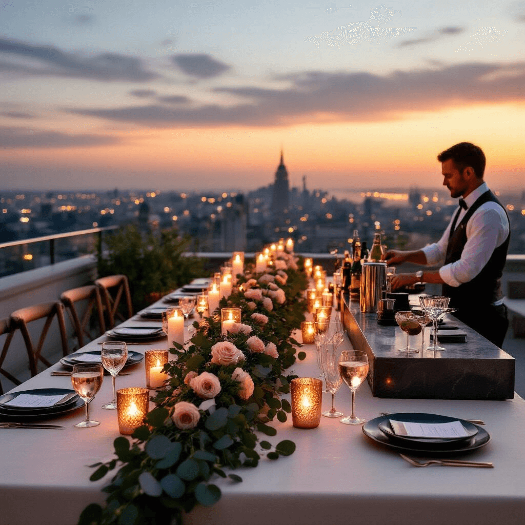 Picnic Birthday Party: The Ultimate Guide to Creating Magical Outdoor Celebrations A rooftop picnic soirée at twilight featuring an elegant table with ivory linen, candlelight, rose gold chargers, and matte black plates, surrounded by eucalyptus and blush roses, with a stunning sunset and city lights in the background, while a bartender prepares cocktails at a marble mobile bar.