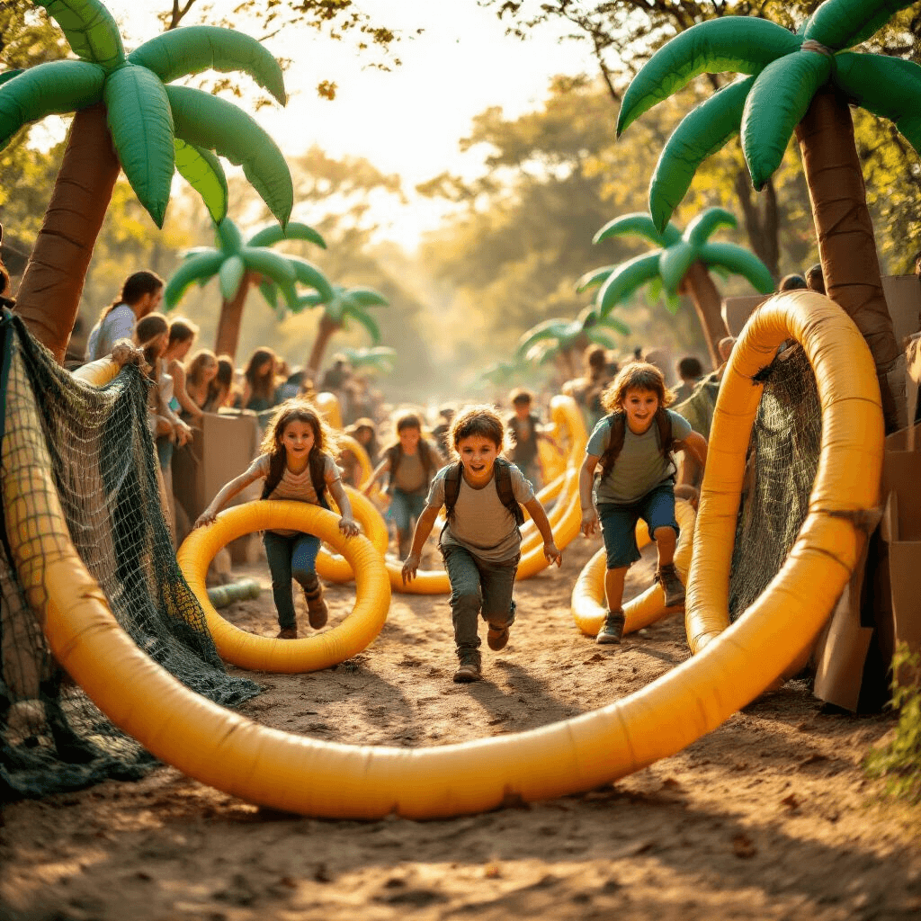 Safari Birthday Party: The Ultimate Guide to a Wild Celebration Children navigating a safari-themed obstacle course under golden afternoon light, featuring hula hoop 'snake pits,' camouflage netting, and 'fallen log' beams, with inflatable palm trees and cardboard animals in the background and cheering parents on the sidelines.